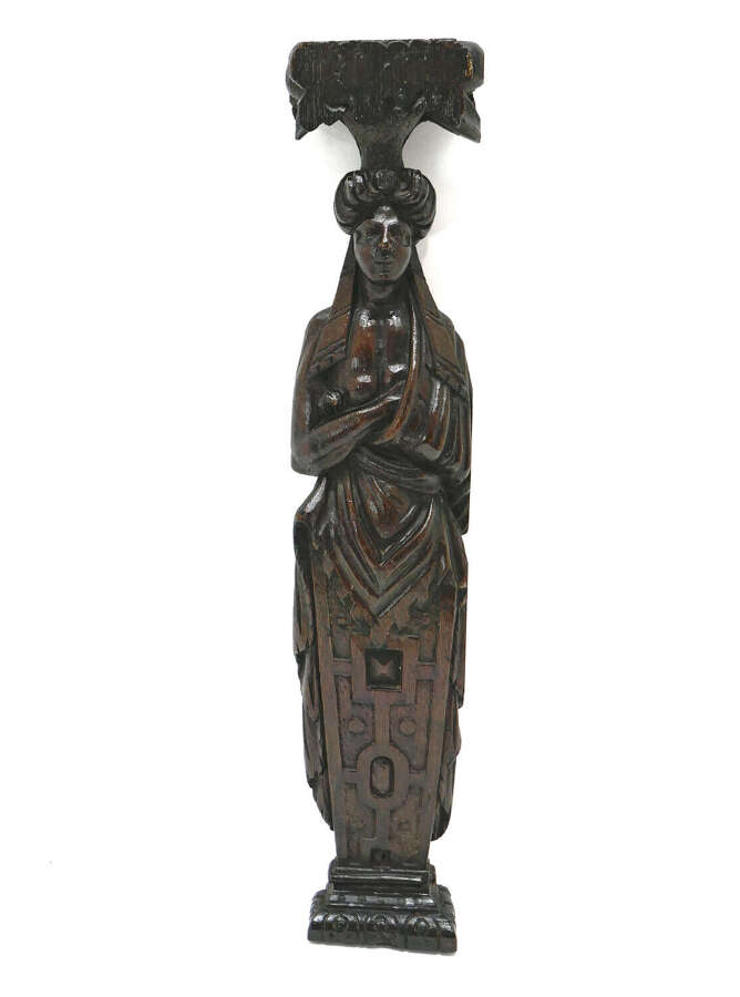 Antique Carving 17thc Oak Single Caryatid Of A Lady With Folded Arms.  Flemish C1640-60.
