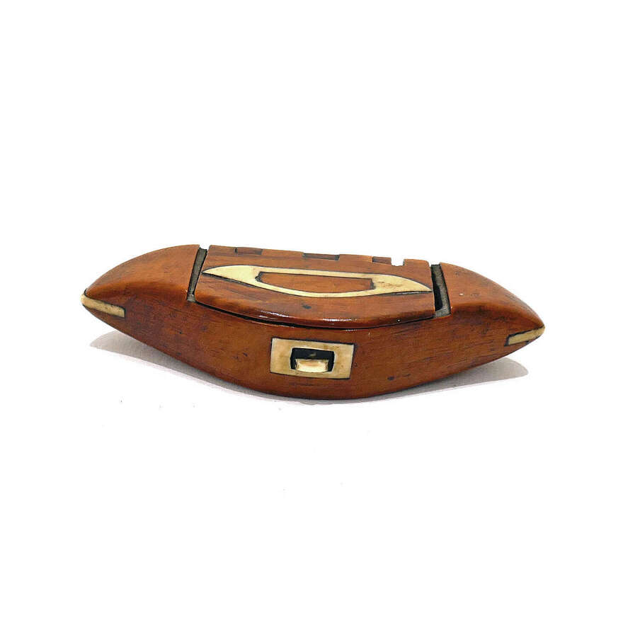 Antique Early Treen Fruitwood "Shuttle" Snuff Box With Bone Inlay. English C1840-60.