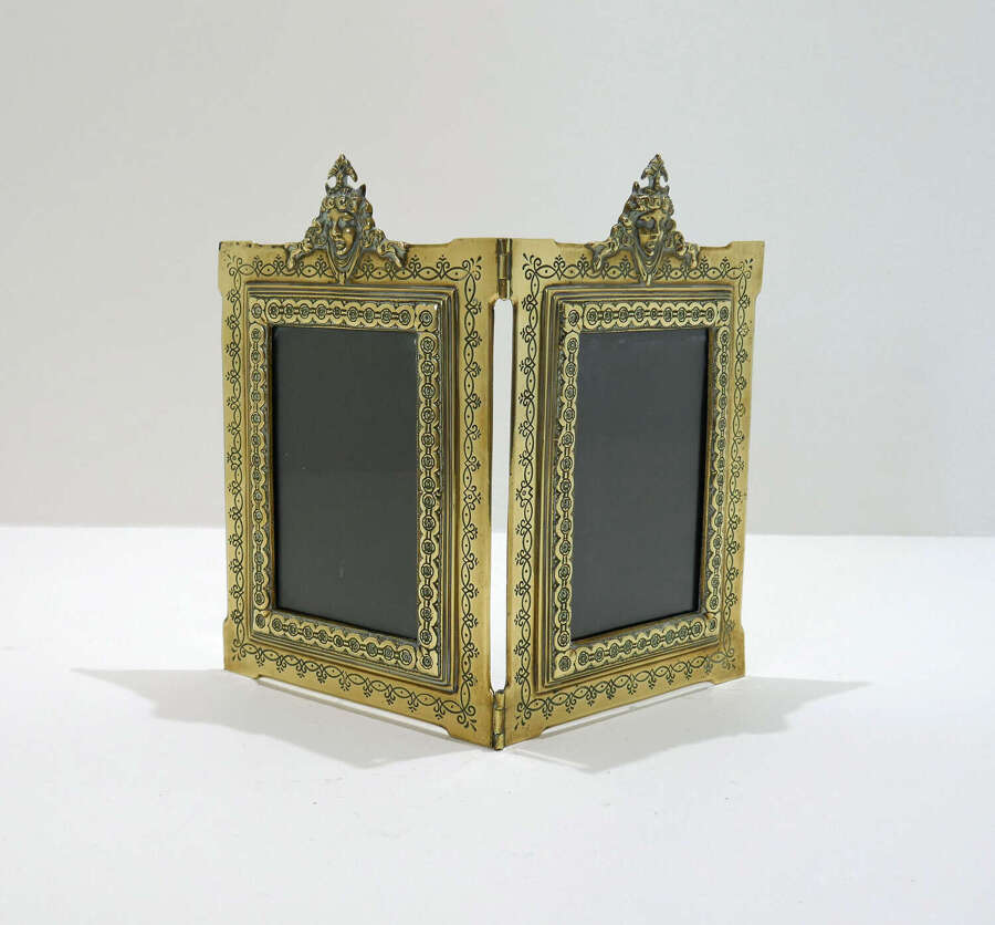 Antique Early Metalware 19thc Brass "Double" Picture Frame With Monogrammed Initial JSC