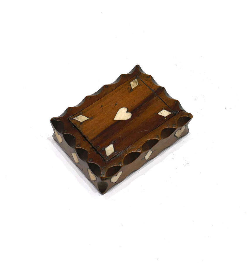 Antique Treen 19thc Fruitwood Oblong Snuff Box Inlaid With Bone Hearts & Diamond Shapes.