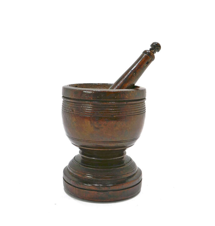 Antique Early Treen & Kitchenalia 17thc Fruitwood Pestle & Mortar. English C1660-80.