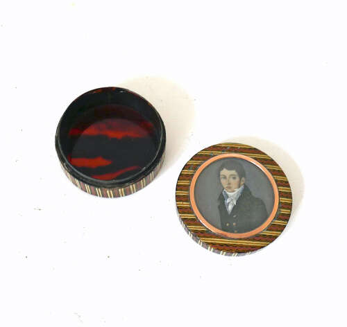 Antique Treen 19thc Regency Lacquered Box With Portrait Of A Man, Set Within A Gold Frame