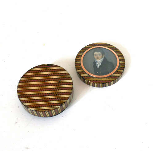 Antique Treen 19thc Regency Lacquered Box With Portrait Of A Man, Set Within A Gold Frame