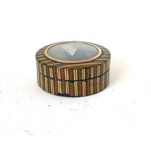Antique Treen 19thc Regency Lacquered Box With Portrait Of A Man, Set Within A Gold Frame
