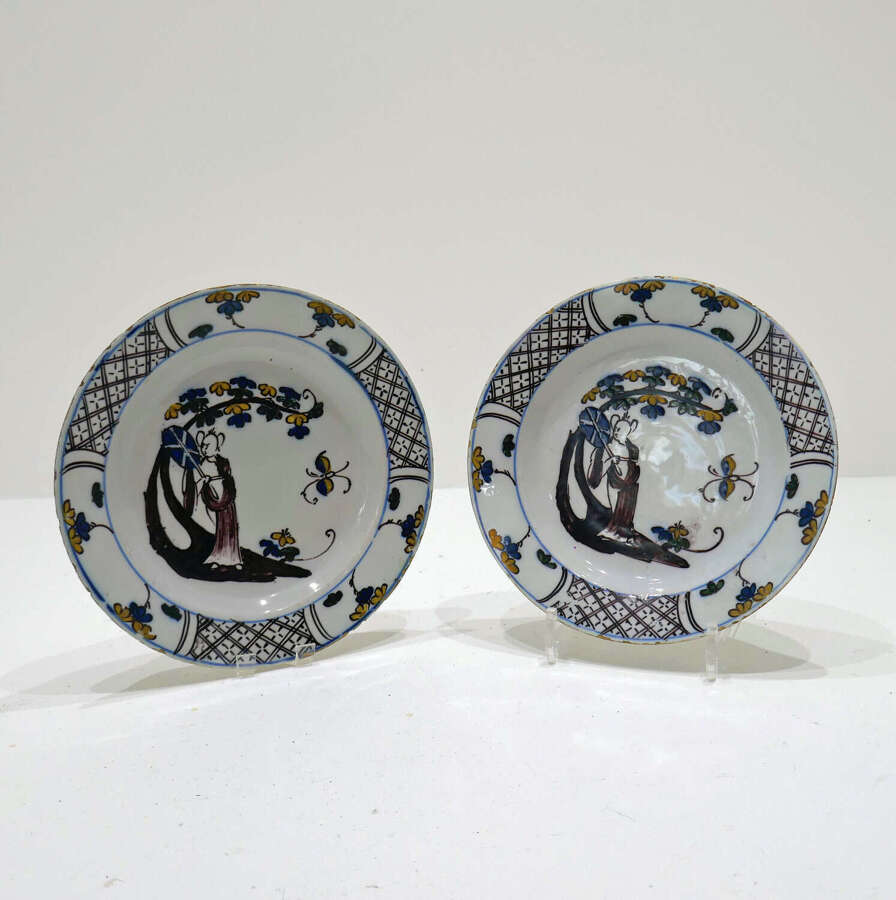 Antique Early English Pottery Pair Of 18thc Polychrome Delft Plates. Bristol C1740-50.