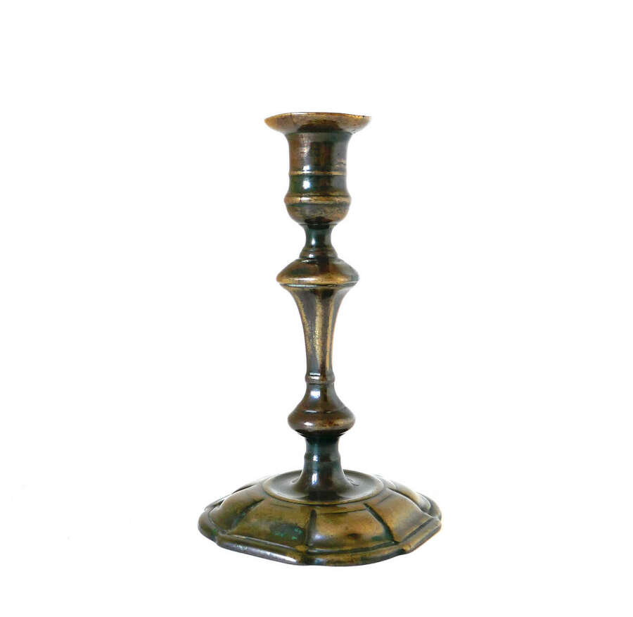 Antique Early Lighting 18thc Brass Single Patinated Candlestick. English C1740-50