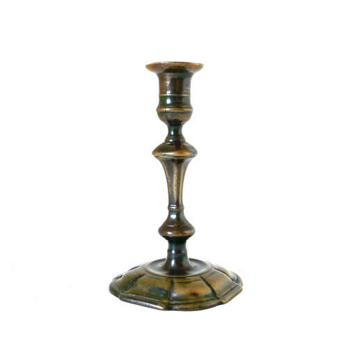 Antique Early Lighting 18thc Brass Single Patinated Candlestick. English C1740-50