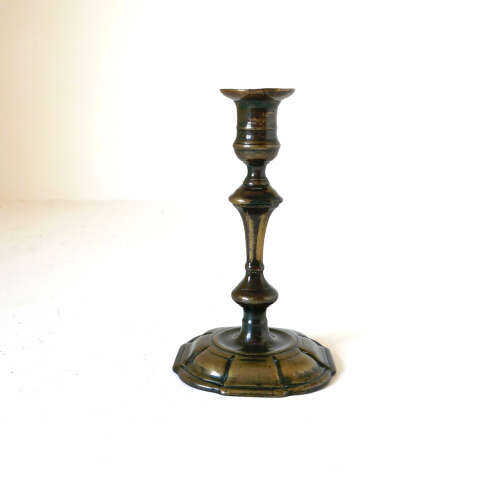 Antique Early Lighting 18thc Brass Single Patinated Candlestick. English C1740-50