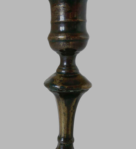 Antique Early Lighting 18thc Brass Single Patinated Candlestick. English C1740-50