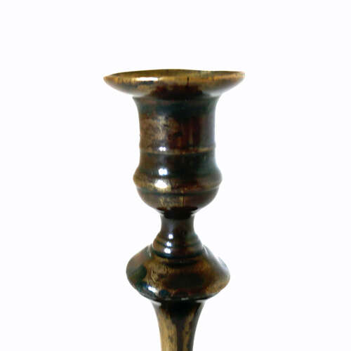 Antique Early Lighting 18thc Brass Single Patinated Candlestick. English C1740-50
