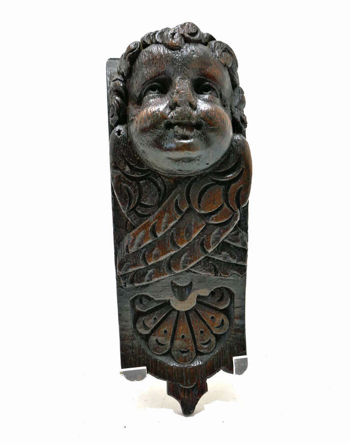 Antique Early Oak Carving 17thc Winged Cherub Applique. Flemish C1660-80.
