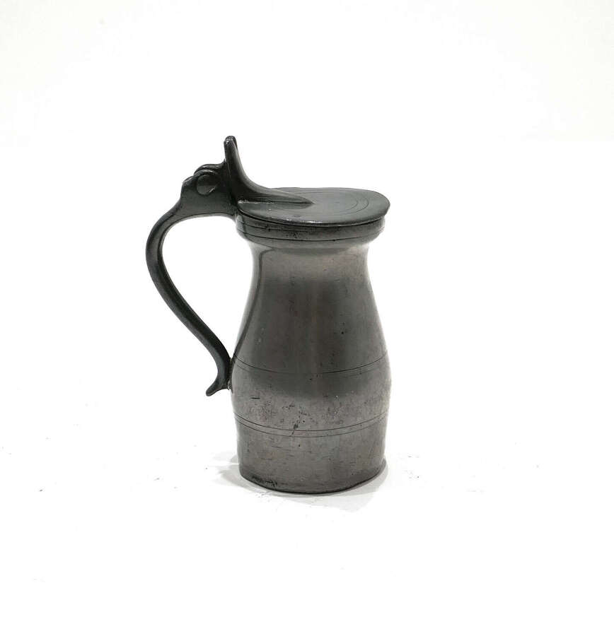 Antique Early Metalware 18thc Pewter Flat Lidded Pre-Imperial Half Gill Spirit Measure.