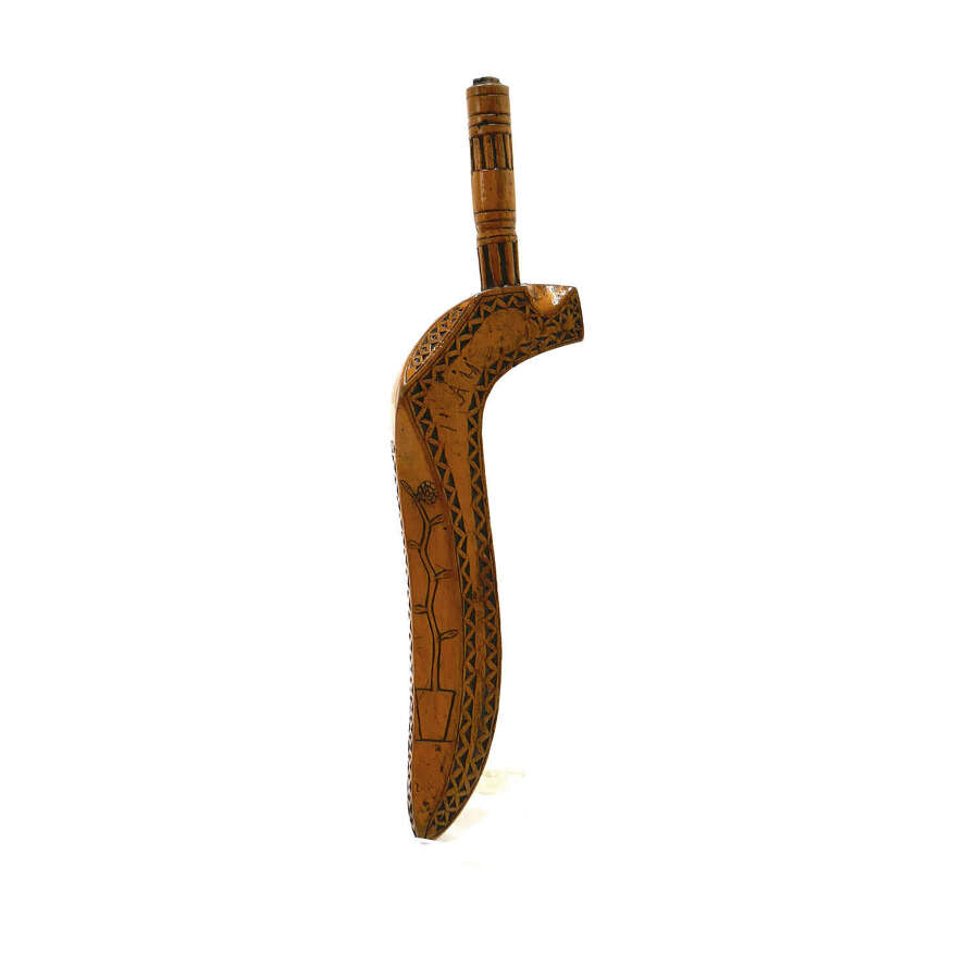 Antique Early Treen 19thc Fruitwood "Goosewing" Knitting Sheath With Punchwork Decoration.