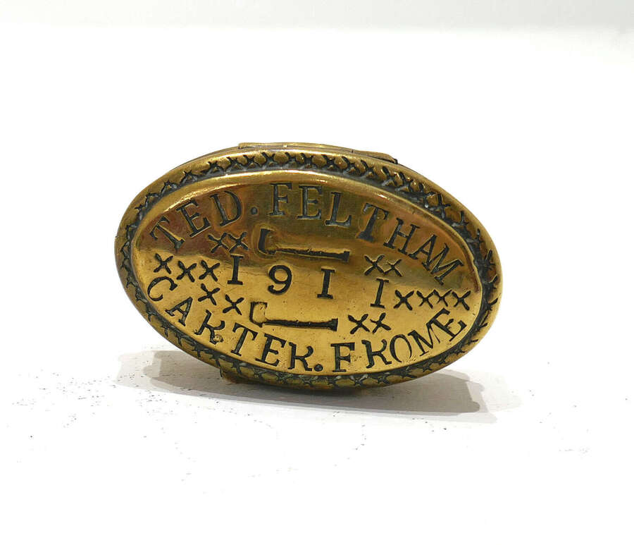Antique Early 20thc Metalware Brass Snuff Box Engraved Ted. Feltham - 1911 - Carter. Frome