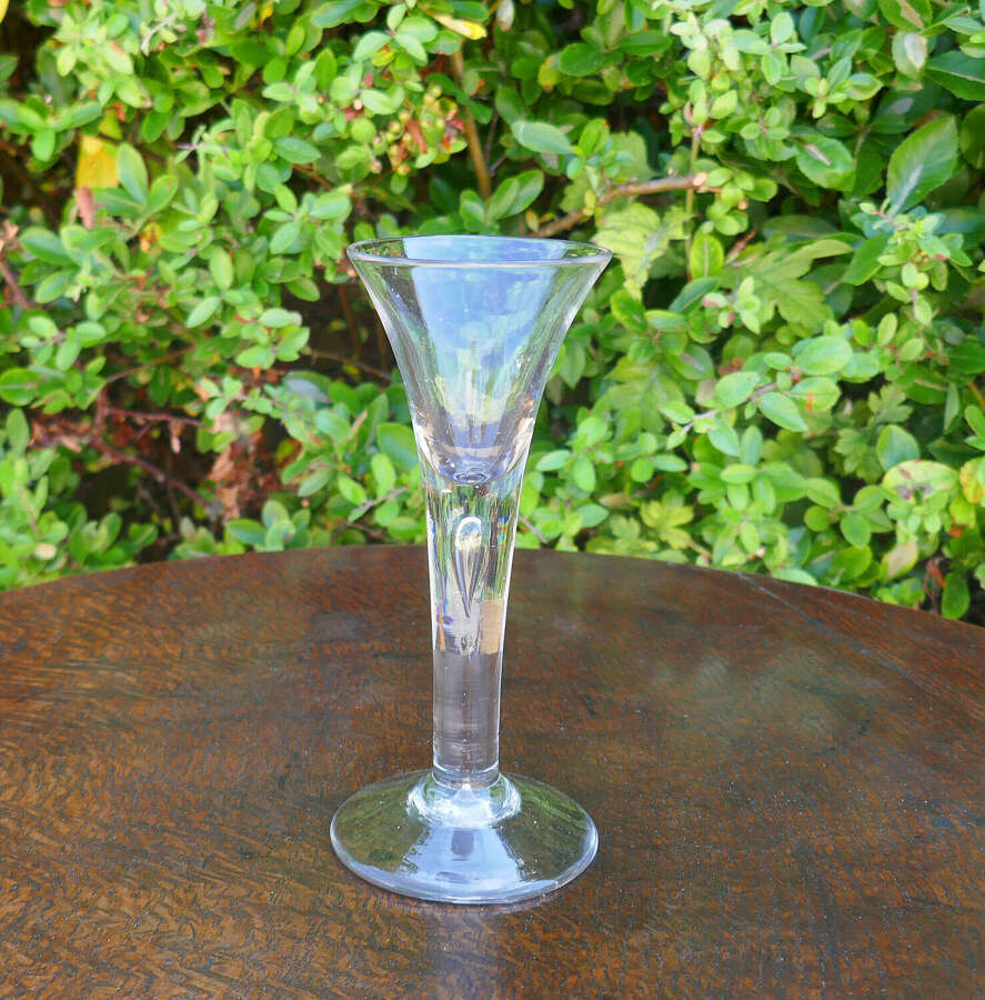 Antique Early Glass 18thc Trumpet-Bowl Wine Glass With Attractive Air Bubble In The Stem.