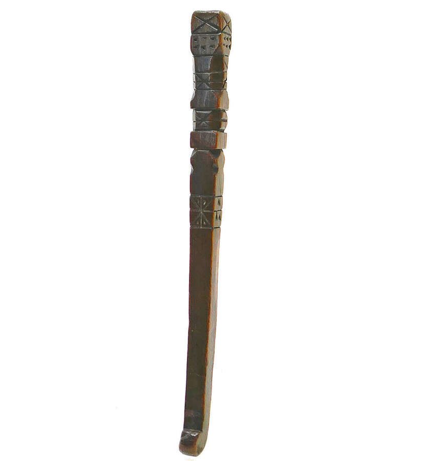 Antique Early Treen 19thc Fruitwood Knitting Sheath With Punchwork And Incised Line Decor.