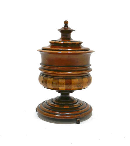 Antique Early Treen 19thc Staved Lidded Tobacco Jar Made Of Yew, Walnut & Fruitwood. Dutch