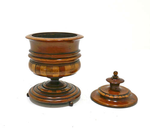 Antique Early Treen 19thc Staved Lidded Tobacco Jar Made Of Yew, Walnut & Fruitwood. Dutch