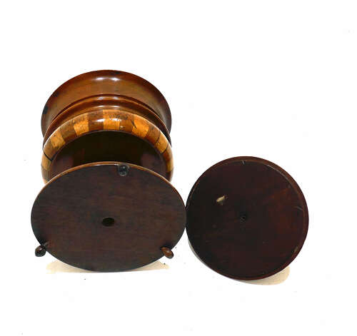 Antique Early Treen 19thc Staved Lidded Tobacco Jar Made Of Yew, Walnut & Fruitwood. Dutch