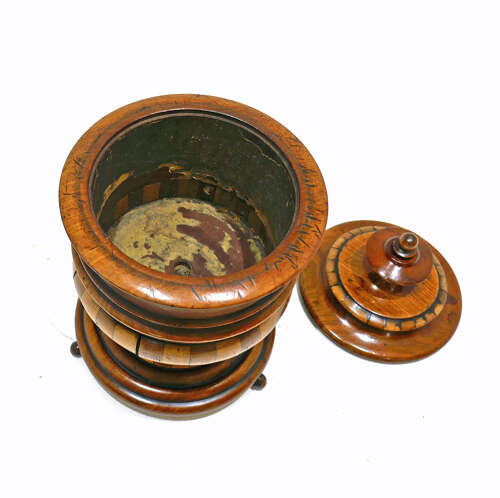 Antique Early Treen 19thc Staved Lidded Tobacco Jar Made Of Yew, Walnut & Fruitwood. Dutch