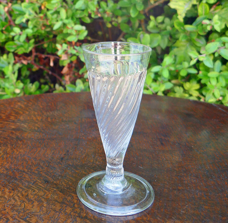 Antique Early Glass Single Mid 18thc Wrythen Ale Glass With Folded Foot. English C1740-50.