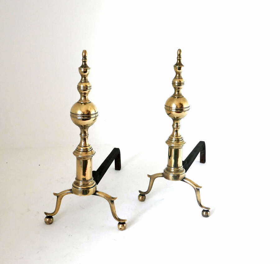 Antique Early Metalware Late 18thc Brass & Iron Andirons.  American - New York C1780-C1800