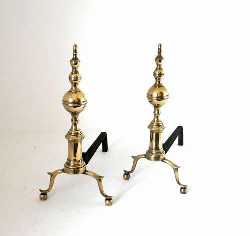Antique Early Metalware Late 18thc Brass & Iron Andirons.  American - New York C1780-C1800