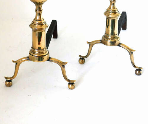 Antique Early Metalware Late 18thc Brass & Iron Andirons. American - New York C1780-C1800