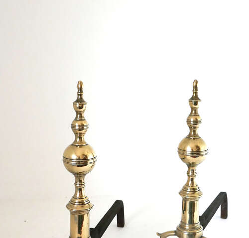 Antique Early Metalware Late 18thc Brass & Iron Andirons. American - New York C1780-C1800