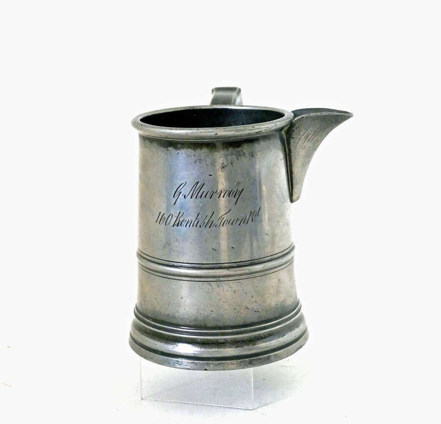 Antique Early Metalware 19thc Pewter Ale Jug Engraved G.Murrouy - 160 Kentish Town. Rd.