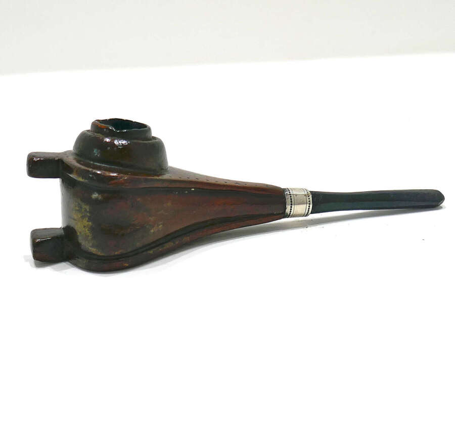 Antique Early Treen 19thc Gentleman's Fruitwood Pipe In The Form Of Bellows. English C1860
