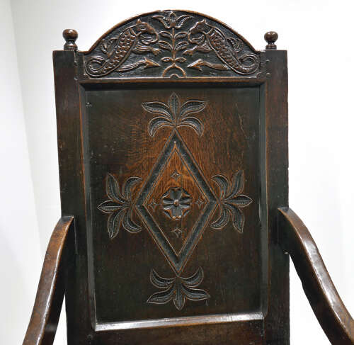 Antique Early Oak Furniture 17thc Charles 1 Joined Wainscot Armchair. English C1620-40.