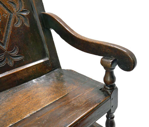 Antique Early Oak Furniture 17thc Charles 1 Joined Wainscot Armchair. English C1620-40.