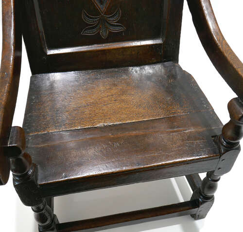 Antique Early Oak Furniture 17thc Charles 1 Joined Wainscot Armchair. English C1620-40.