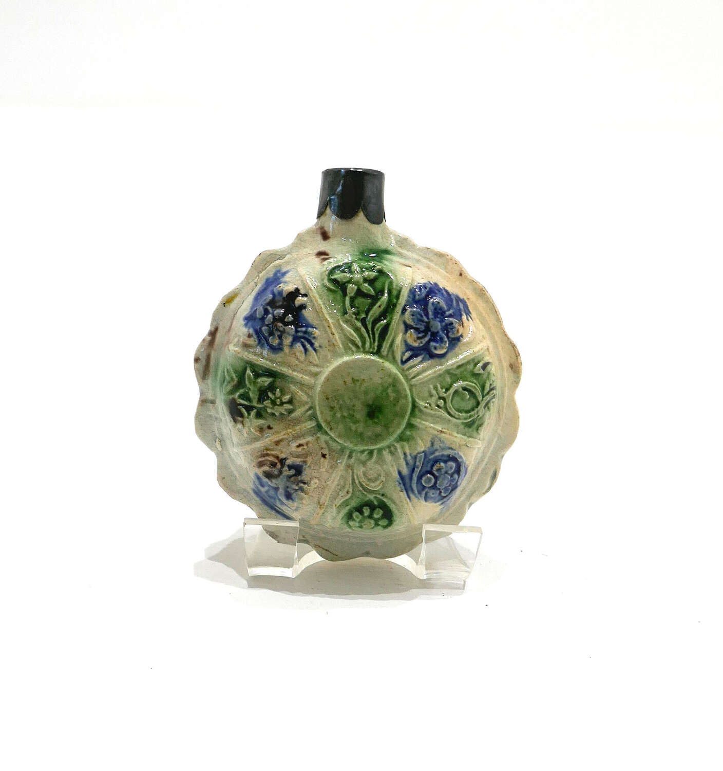 Antique Early Pottery 18thc Pratt Ware Spirit Flask Decorated With Moulded Relief Flowers.