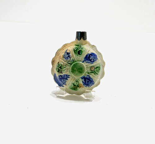 Antique Early Pottery 18thc Pratt Ware Spirit Flask Decorated With Moulded Relief Flowers.