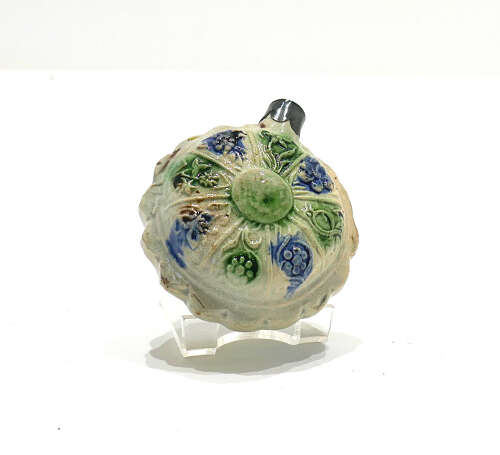 Antique Early Pottery 18thc Pratt Ware Spirit Flask Decorated With Moulded Relief Flowers.