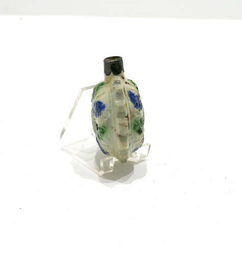 Antique Early Pottery 18thc Pratt Ware Spirit Flask Decorated With Moulded Relief Flowers.