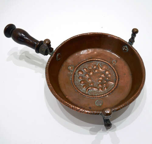 Antique Early Metalware 17thc /18thc Copper Brazier With Fruitwood Turned Handle.