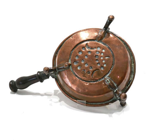 Antique Early Metalware 17thc /18thc Copper Brazier With Fruitwood Turned Handle.