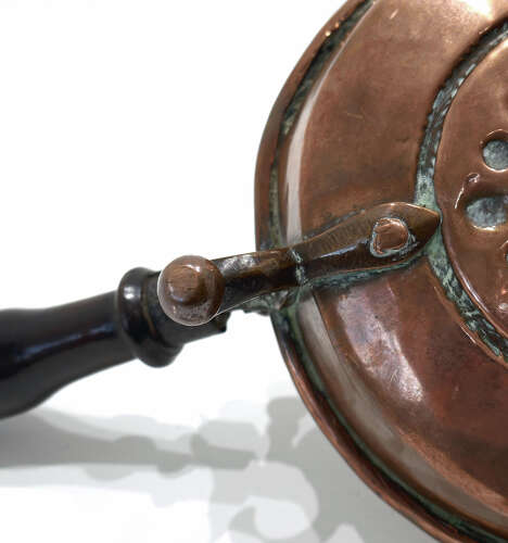 Antique Early Metalware 17thc /18thc Copper Brazier With Fruitwood Turned Handle.