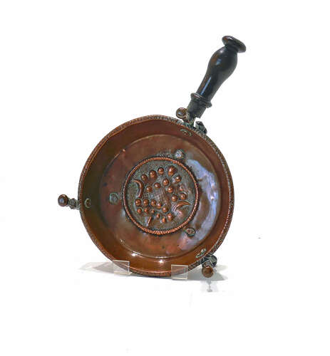Antique Early Metalware 17thc /18thc Copper Brazier With Fruitwood Turned Handle.